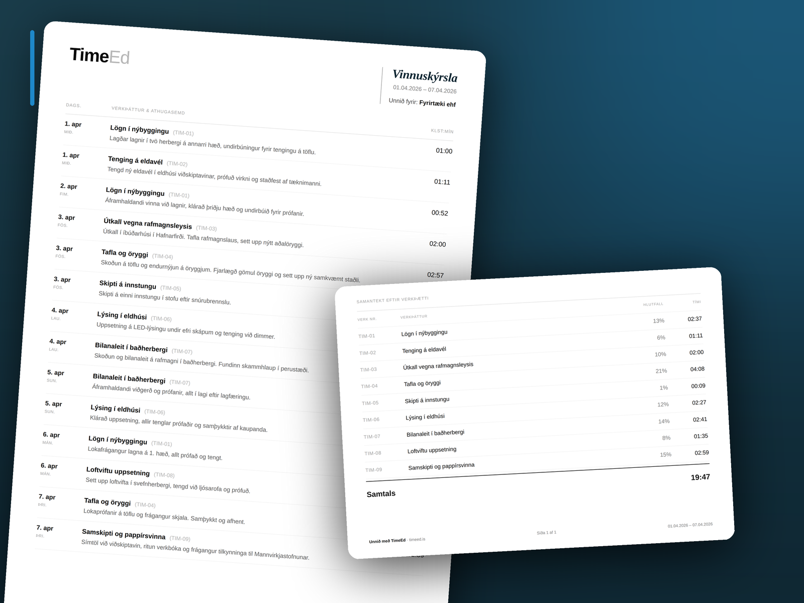 Ný PDF-vinnuskýrsla til að senda með reikningi